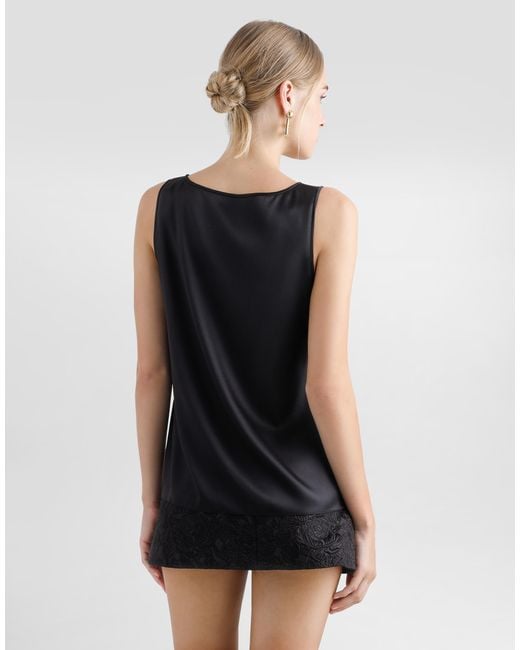Dolce & Gabbana Black Satin Tank Top With Dg Logo Pin