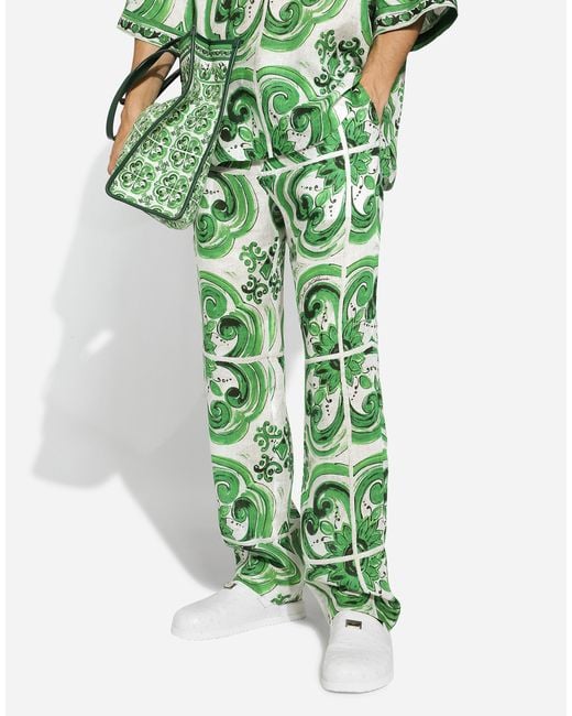 Pantalón Estilo Jogger De Lino Con Estampado Maiolica Dolce & Gabbana de hombre de color Green