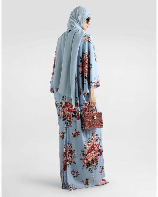 Dolce & Gabbana Blue Flower Bouquet-Print Long Charmeuse Dress