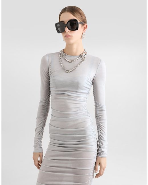 Dolce & Gabbana Gray Draped Wool Jersey Calf-Length Dress