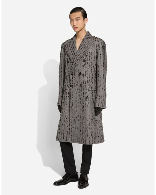 Dolce & Gabbana Gray Embroidered Pinstripe Baize Coat for men