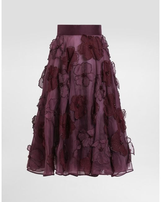 Dolce & Gabbana Purple Organza Midi Circle Skirt With Floral Embroidery