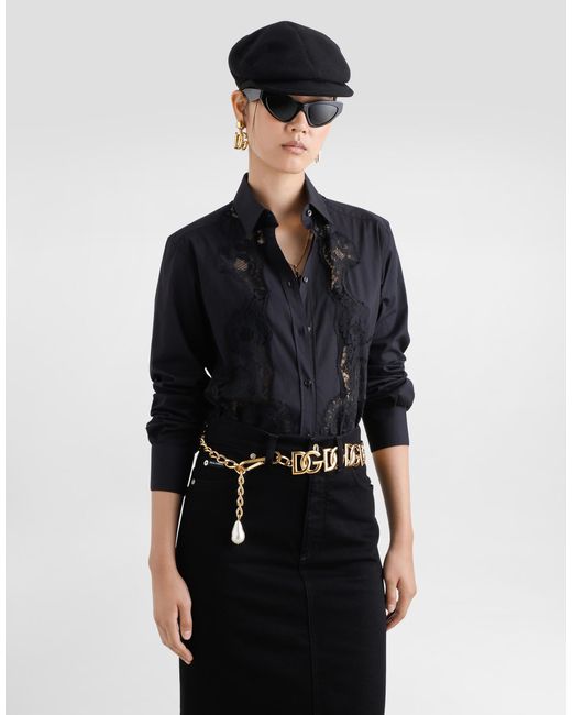 Dolce & Gabbana Black Cotton Poplin Shirt With Lace Inlay