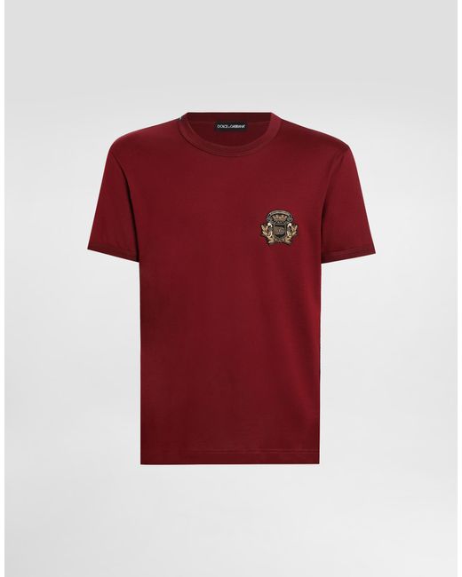 Dolce & Gabbana Red Cotton T-Shirt With Heraldic Patch for men