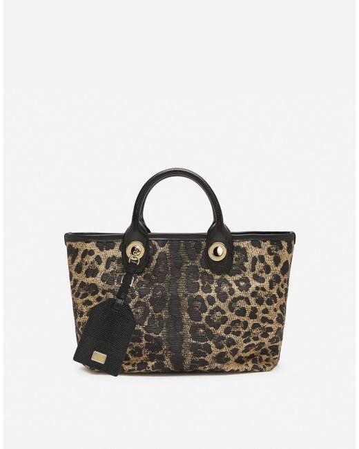 Dolce & Gabbana Multicolor Small Capri Shopping Bag In Jacquard Raffia With Leopard Print