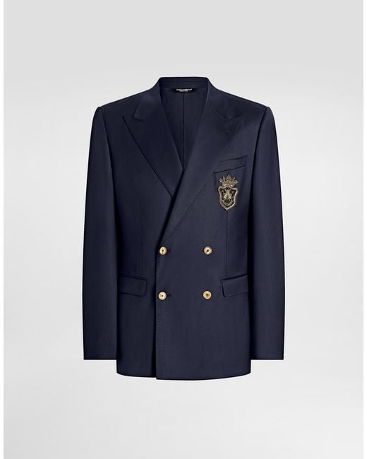 Dolce & Gabbana Blue Double-Breasted Wool Jacket With Patch for men