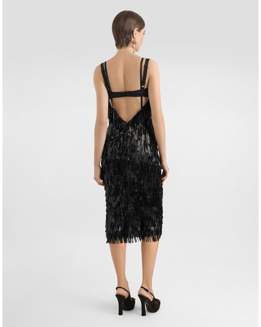 Dolce & Gabbana Black Calf-Length Slip Dress With Sequined Fringing