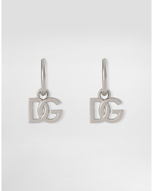 Dolce & Gabbana White Hoop Earrings With Dg Logo Pendants for men