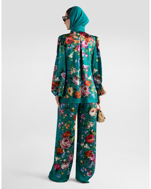Dolce & Gabbana Blue Rose-Print Satin Shirt