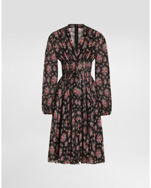 Dolce & Gabbana White Small Flower Bouquets-Print Chiffon Dress