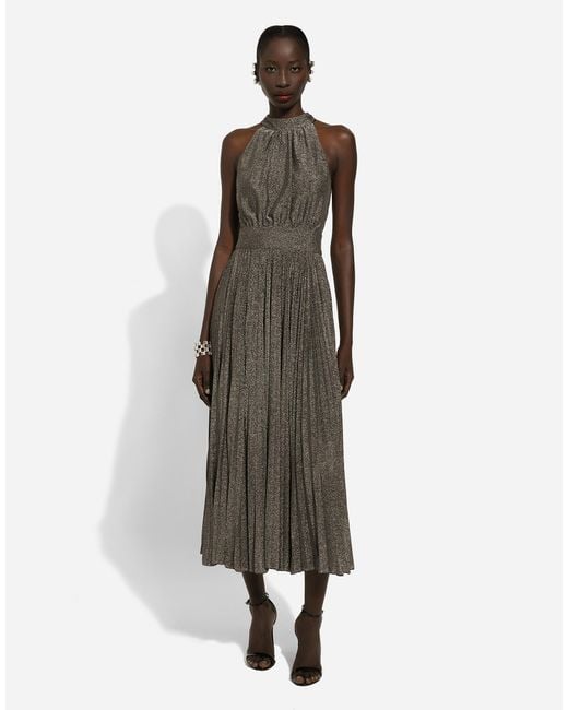 Dolce & Gabbana Natural Pleated Jersey Lurex Calf-Length Dress