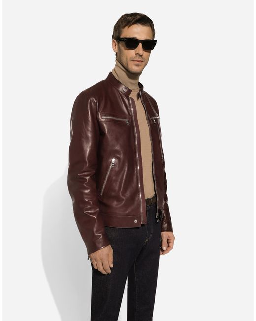Dolce & Gabbana Brown Leather Biker Jacket for men