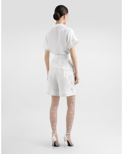 Dolce & Gabbana White Short-Sleeved Silk Satin Jacquard Pajama Shirt With Dg Logo