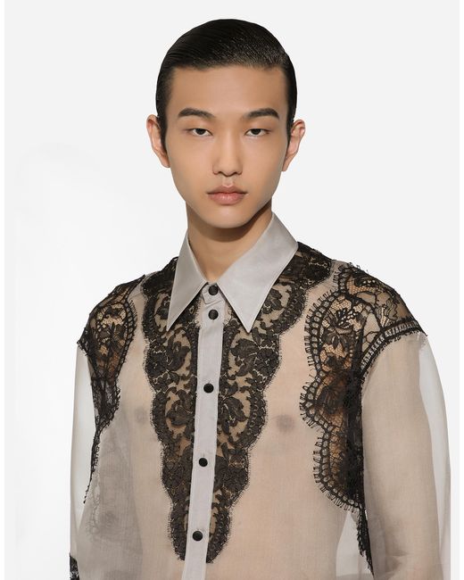 Dolce & Gabbana Gray Sheer Silk Lace-Trim Shirt for men