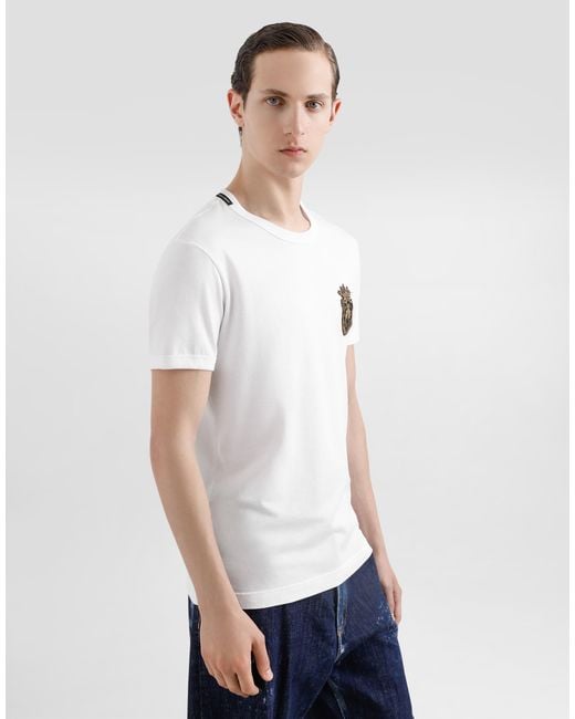 Dolce & Gabbana White Cotton T-Shirt With Heraldic Patch for men