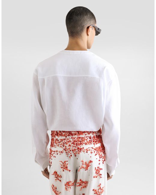 Dolce & Gabbana White Long-Sleeved Linen Shirt With Cardigan Buttoning for men