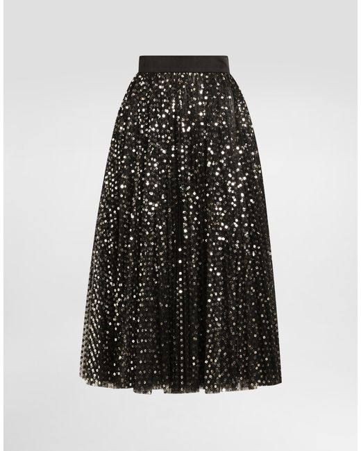 Dolce & Gabbana Black Tulle Midi Circle Skirt With Micro-Sequin Embroidery