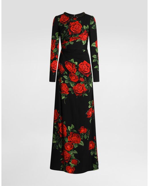 Dolce & Gabbana Red Rose-Print Charmeuse Dress