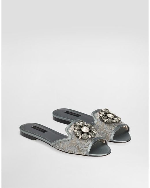 Dolce & Gabbana Gray Slide Sandal In Lace With Crystals
