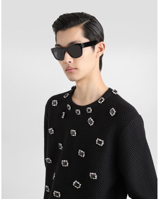 Dolce & Gabbana Black Wool Round-Neck Sweater With Embroidery And Bejeweled Buttons for men