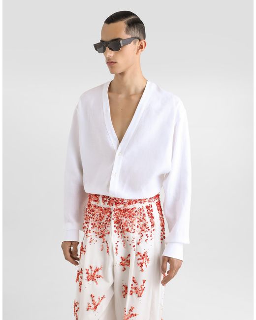Dolce & Gabbana White Long-Sleeved Linen Shirt With Cardigan Buttoning for men