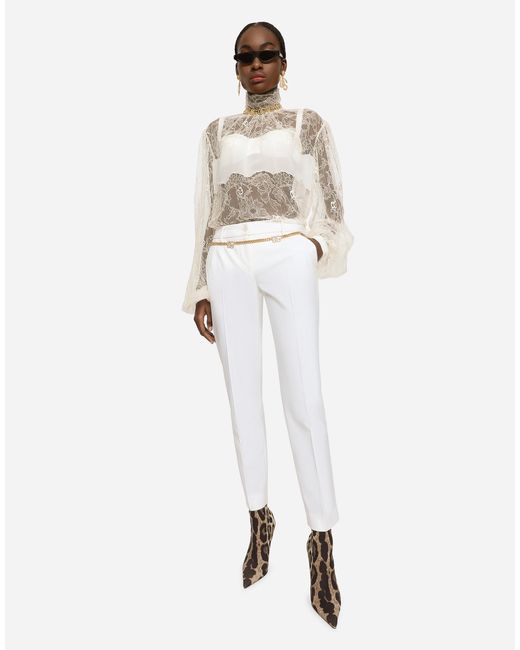 Dolce & Gabbana White Floral Lace Turtle-Neck Blouse