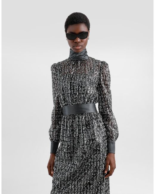 Dolce & Gabbana Gray Midi Dress With Vertical Sequin Stripe Embroidery