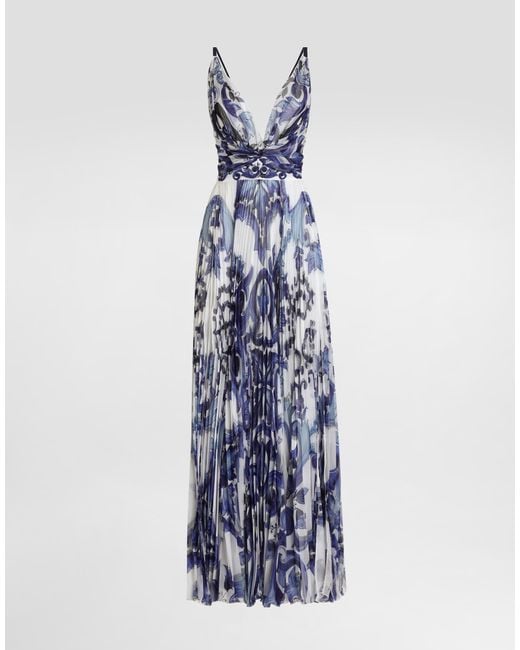 Dolce & Gabbana Blue Dg Exclusive Majolica-Print Chiffon Dress