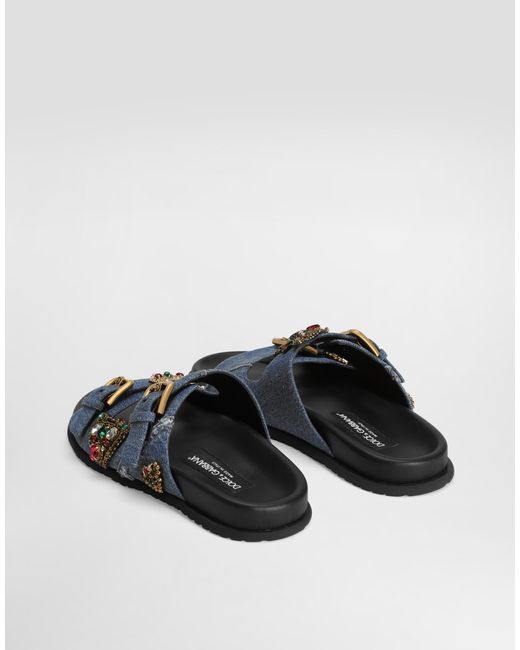 Dolce & Gabbana Blue Flat Denim Slippers With Embroidery