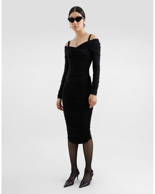 Dolce & Gabbana Black Organzine Draped Calf-Length Dress