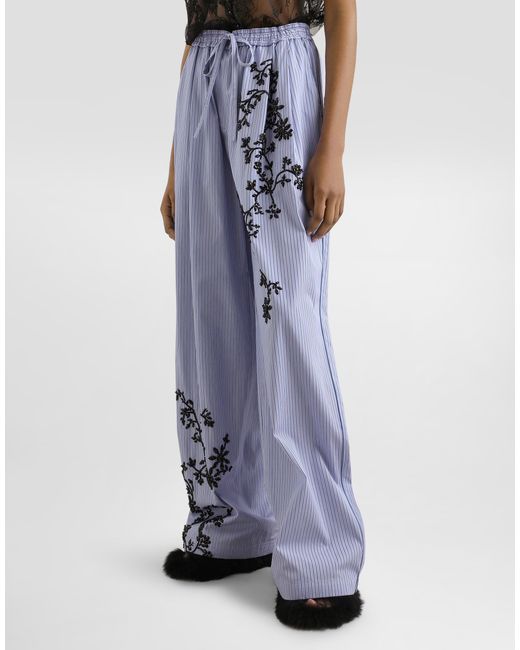 Dolce & Gabbana Blue Striped Poplin Trousers With Flowers Embroidery