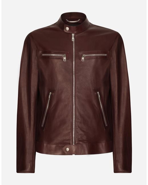 Dolce & Gabbana Brown Leather Biker Jacket for men