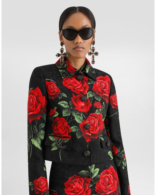 Veste En Brocart Avec Boutons Bijoux À Imprimé Roses Dolce & Gabbana en coloris Red