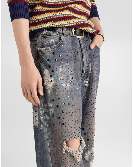 Dolce & Gabbana Blue Denim Trousers With Rhinestones for men