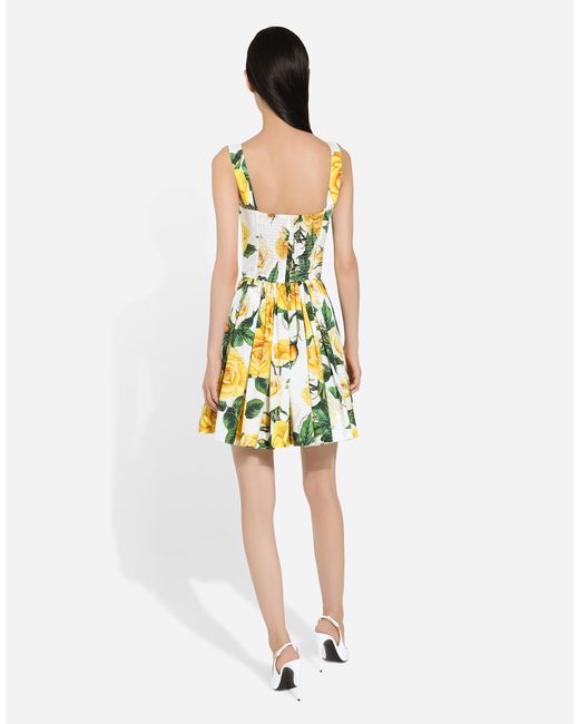 Dolce & Gabbana Yellow Short Cotton Corset Dress With Rose