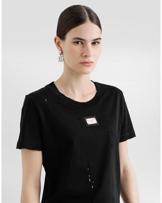 Dolce & Gabbana Black Jersey T-Shirt With Rips And Tag