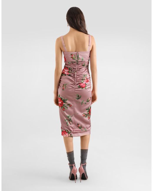 Dolce & Gabbana White Rose Bouquet-Print Satin Dress