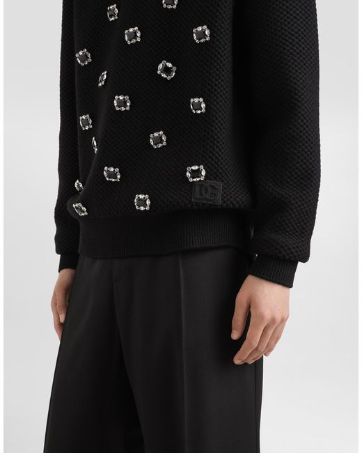 Dolce & Gabbana Black Wool Round-Neck Sweater With Embroidery And Bejeweled Buttons for men