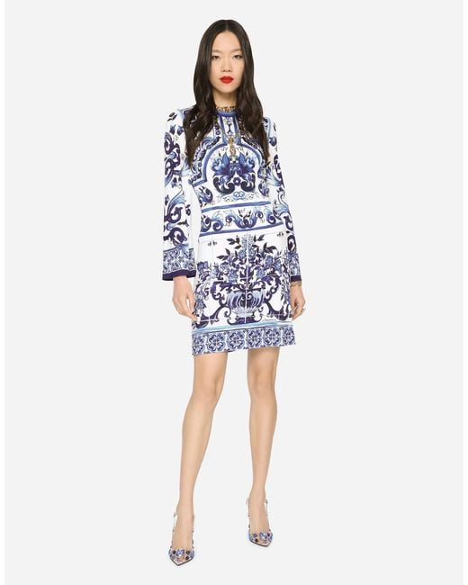 Dolce & Gabbana Blue Short Majolica-Print Organzine Dress