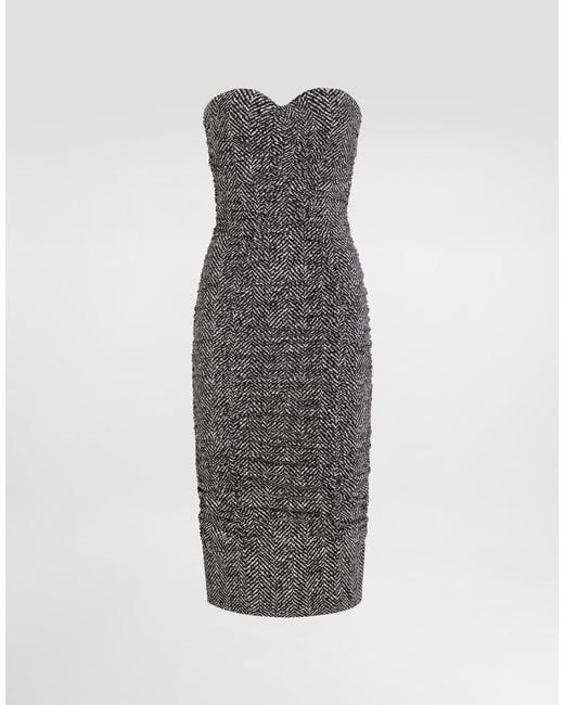 Dolce & Gabbana Gray Habotai Silk Dress With Chevron Print