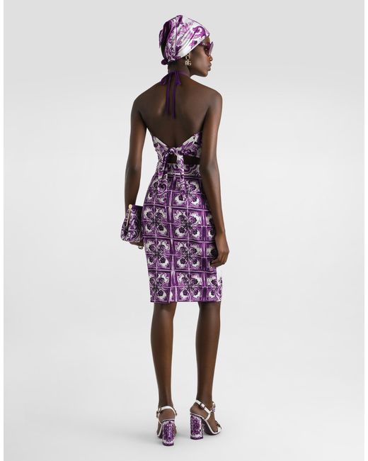 Dolce & Gabbana Purple Maiolica Silk Pencil Skirt