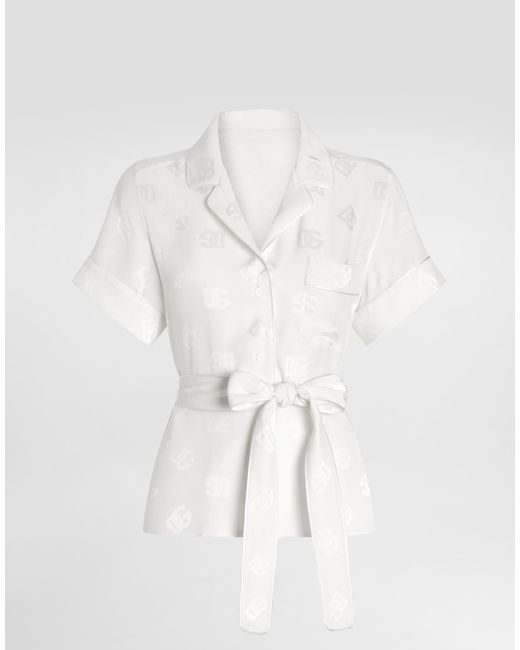Dolce & Gabbana White Short-Sleeved Silk Satin Jacquard Pajama Shirt With Dg Logo