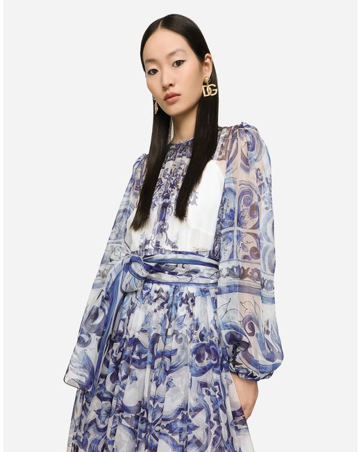 Dolce & Gabbana Blue Majolica Print Chiffon Midi Dress