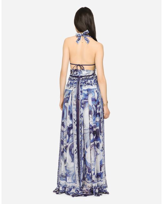 Dolce & Gabbana Blue Long Sleeveless Silk Chiffon Dress With Majolica Print