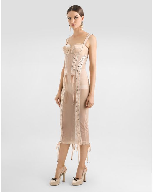 Dolce & Gabbana Light Tulle Calf-Length Slip Dress With Corset Details White