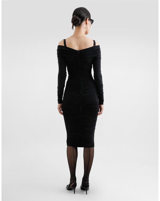 Dolce & Gabbana Black Organzine Draped Calf-Length Dress