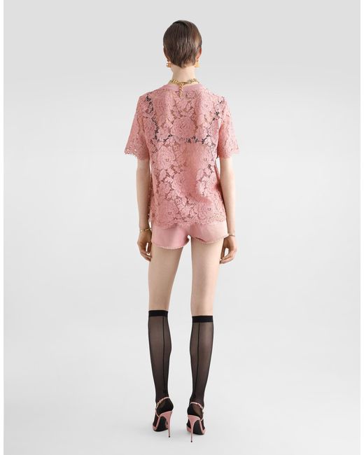 Dolce & Gabbana Pink Short-Sleeved Cordonetto Lace T-Shirt
