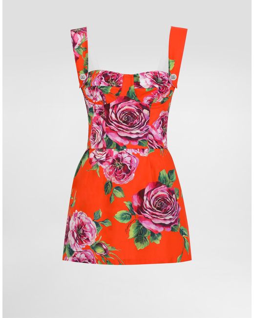 Dolce & Gabbana Red Long Cotton Corset Top With Rose