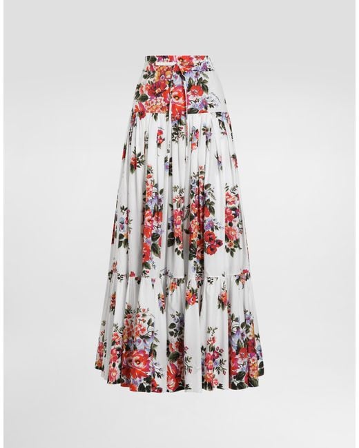 Dolce & Gabbana White Flower Bouquet-Print Poplin Long Skirt
