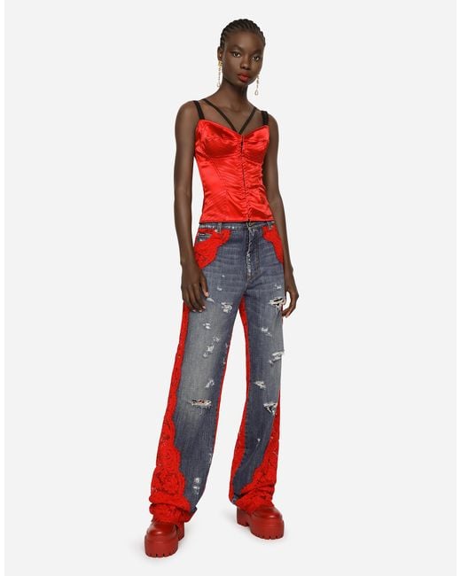 Dolce & Gabbana Red Satin Corset With Top-Stitching And Hook-And-Eye Fastenings